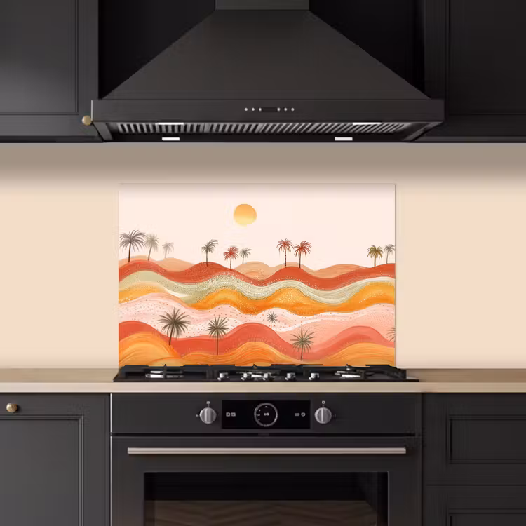 Spatscherm keuken - Abstract landschap - Palmbomen - Kleurrijk — 2