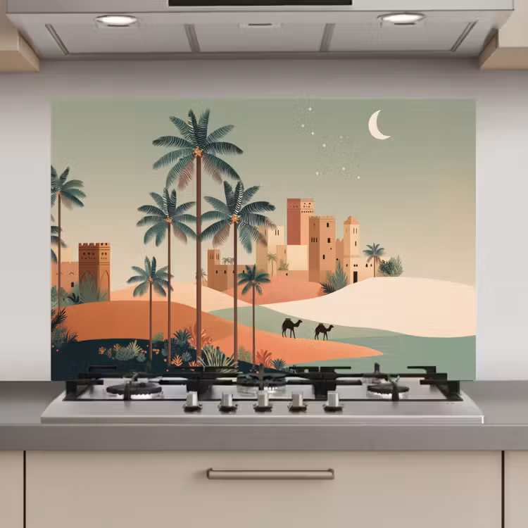 Spatscherm keuken - Nachtlandschap - Kamelen - Sterren - zandduinden — 1