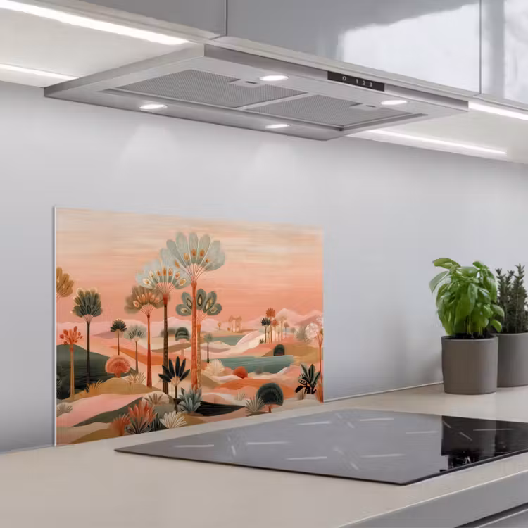 Spatscherm keuken - Roze landschap - Palmen - Water — 5