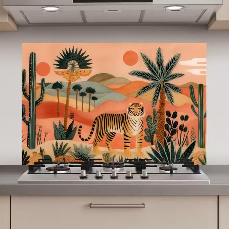 Spatscherm keuken - Tijger - Kleurrijk - Palmen - Cactus — 1