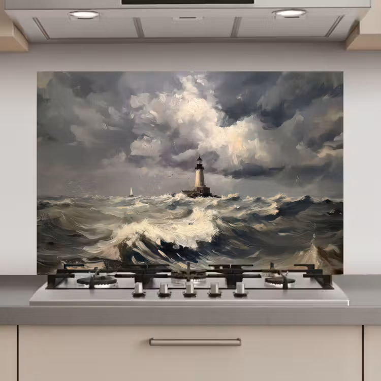 Spatscherm keuken - Vuurtoren - Golven - Storm — 1
