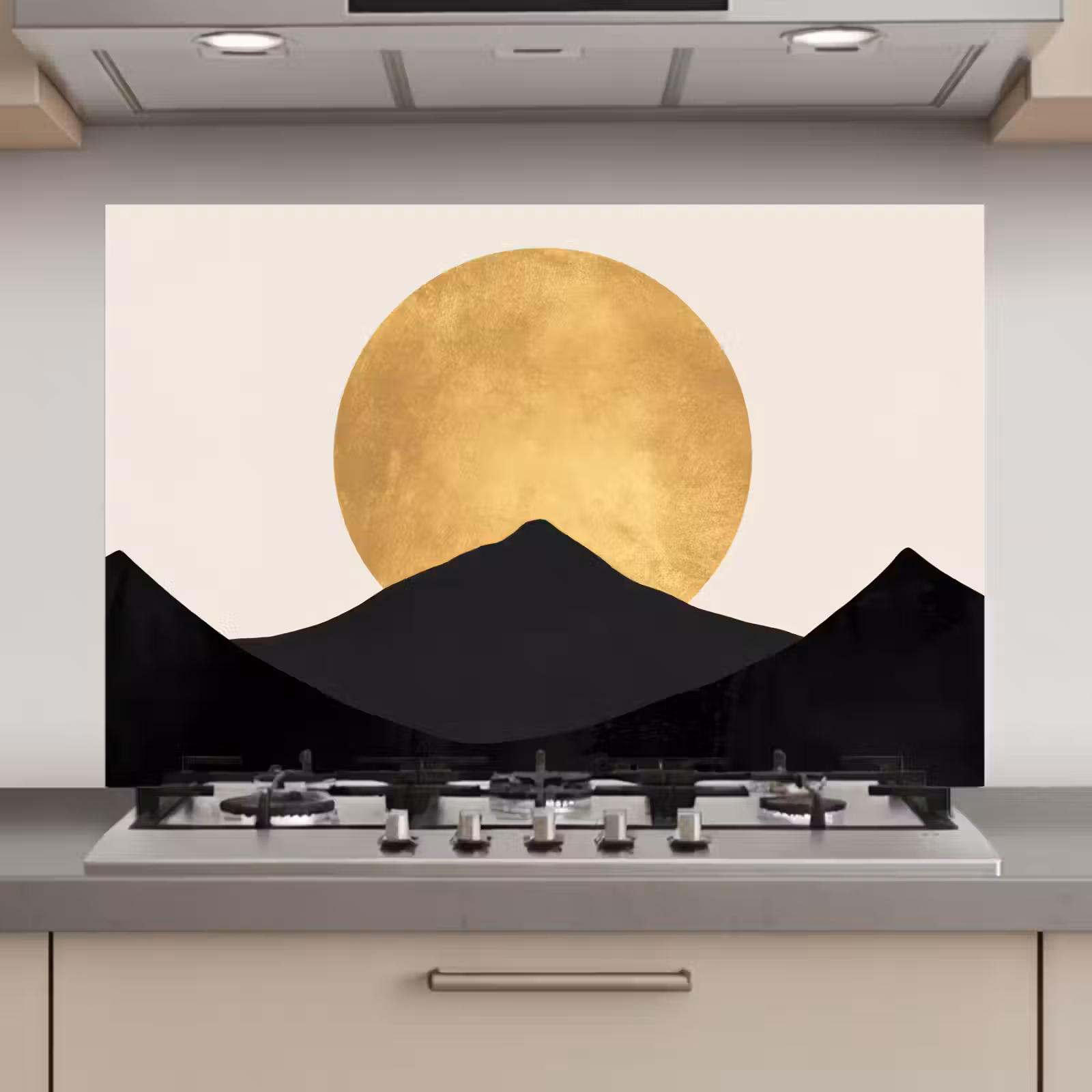 Spatscherm keuken - Bergsilhouetten - Gouden cirkel - Beige — 1