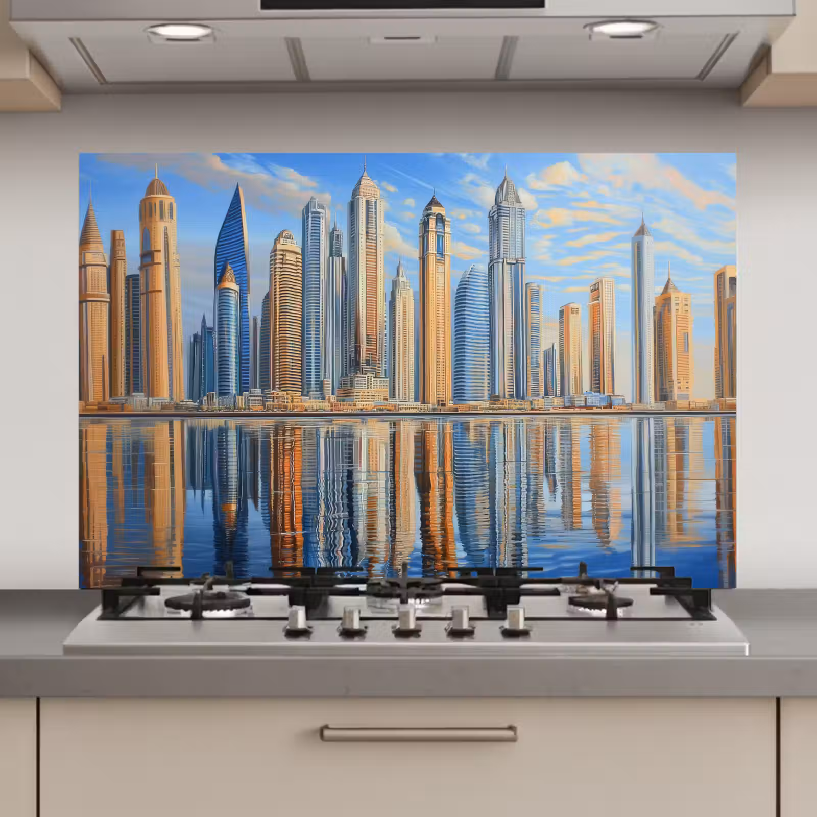 Spatscherm keuken - Skyline - Wolkenkrabbers - Water - Blauw — 1