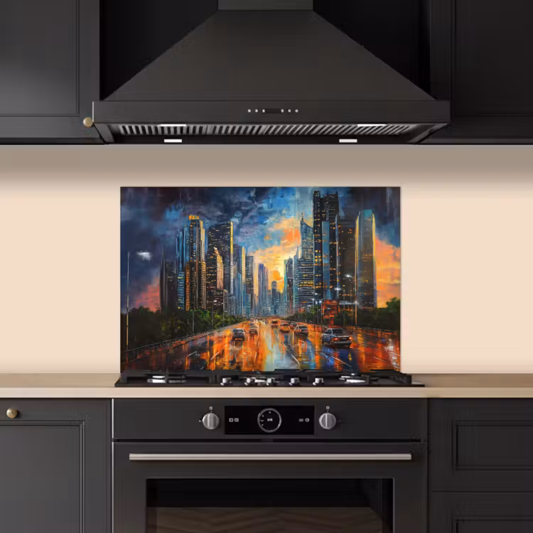 Spatscherm keuken - Auto - Skyline - Zon - Blauw — 2