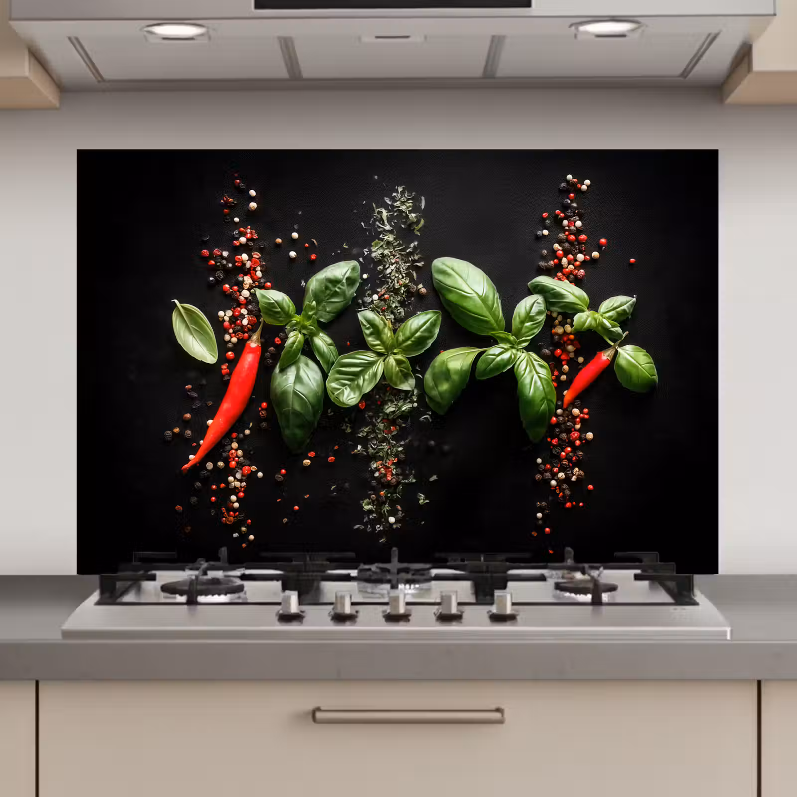 Spatscherm keuken - Chilipepers - Basilicum - Blaadjes - Rood — 1