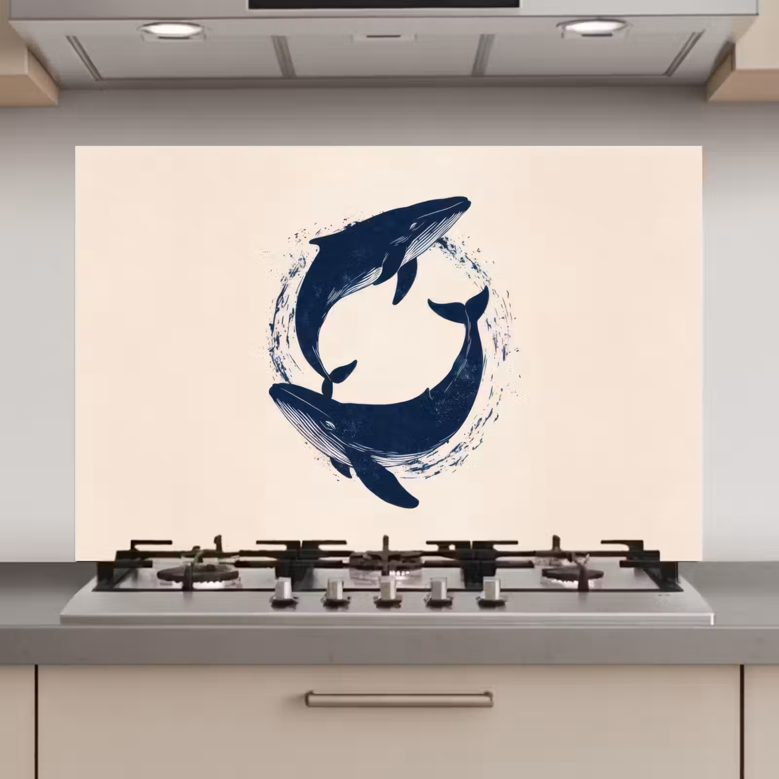 Spatscherm keuken - Walvissen - Spetters - Cirkel - Donkerblauw — 1