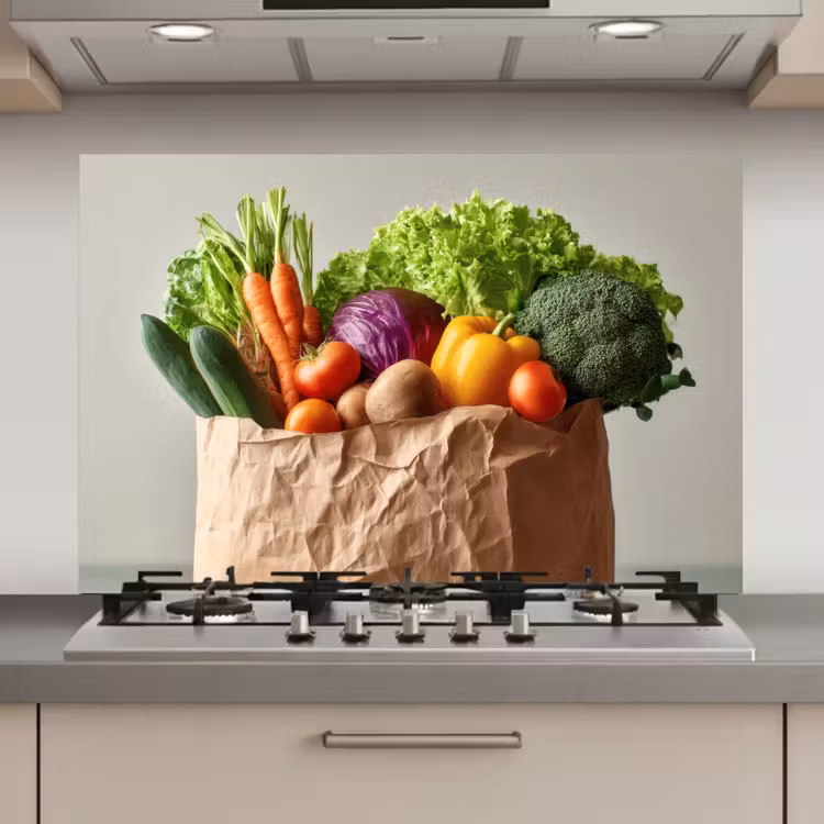 Spatscherm keuken - Papieren - Boodschappen - Groente - Kleurrijk — 1