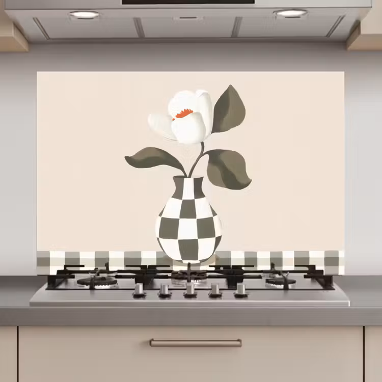 Spatscherm keuken - Vaas - Geruit - Groen - Bloem — 1