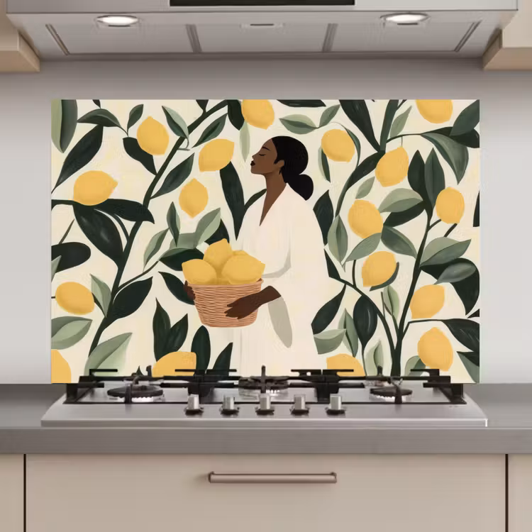 Spatscherm keuken - Vrouw - Mand - Citroenen - Bladeren — 1