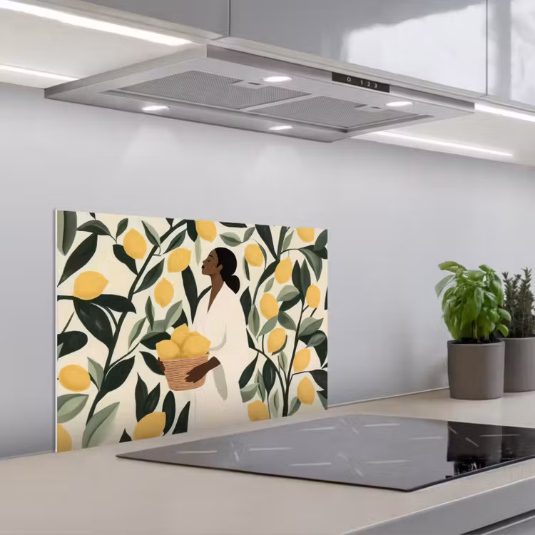 Spatscherm keuken - Vrouw - Mand - Citroenen - Bladeren — 5