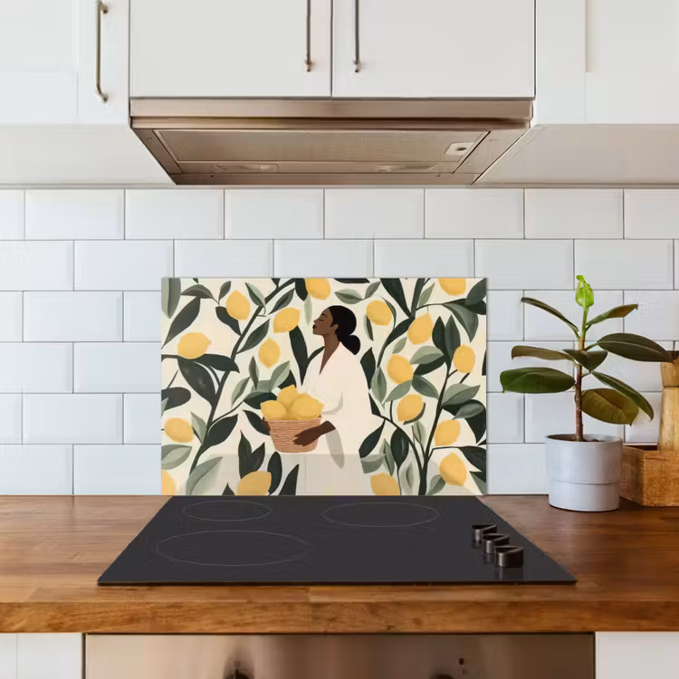 Spatscherm keuken - Vrouw - Mand - Citroenen - Bladeren — 6
