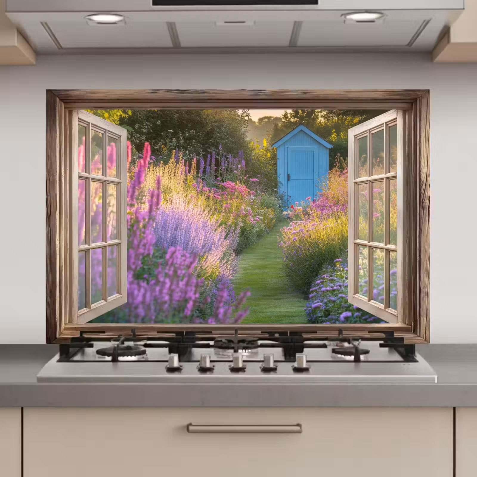 Spatscherm keuken - Doorkijk - Bloemen - Raam - Natuur — 1