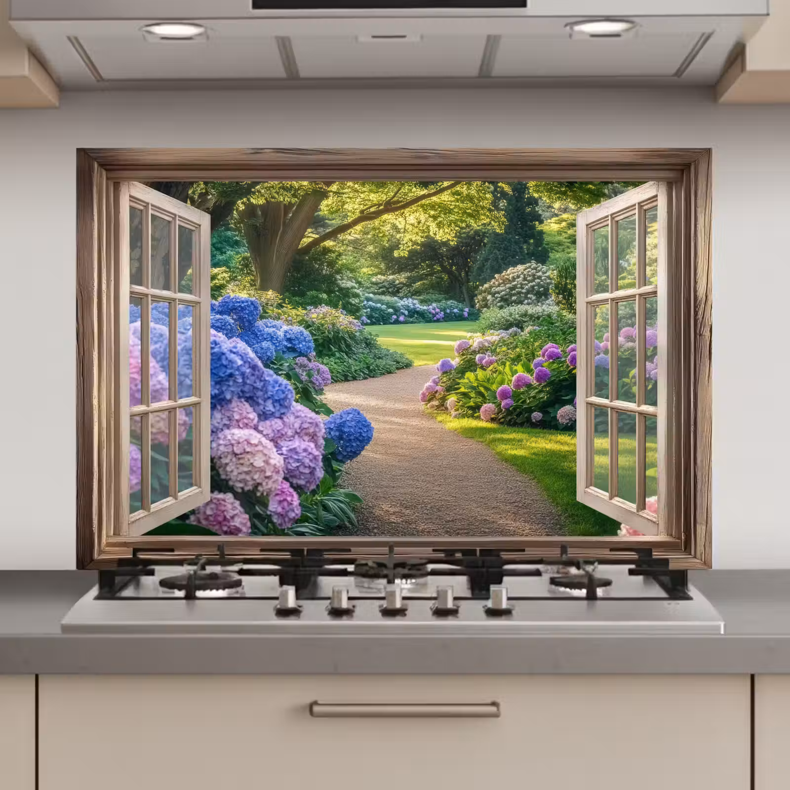 Spatscherm keuken - Doorkijk - Tuin - Raam - Hortensia - Bloemen — 1