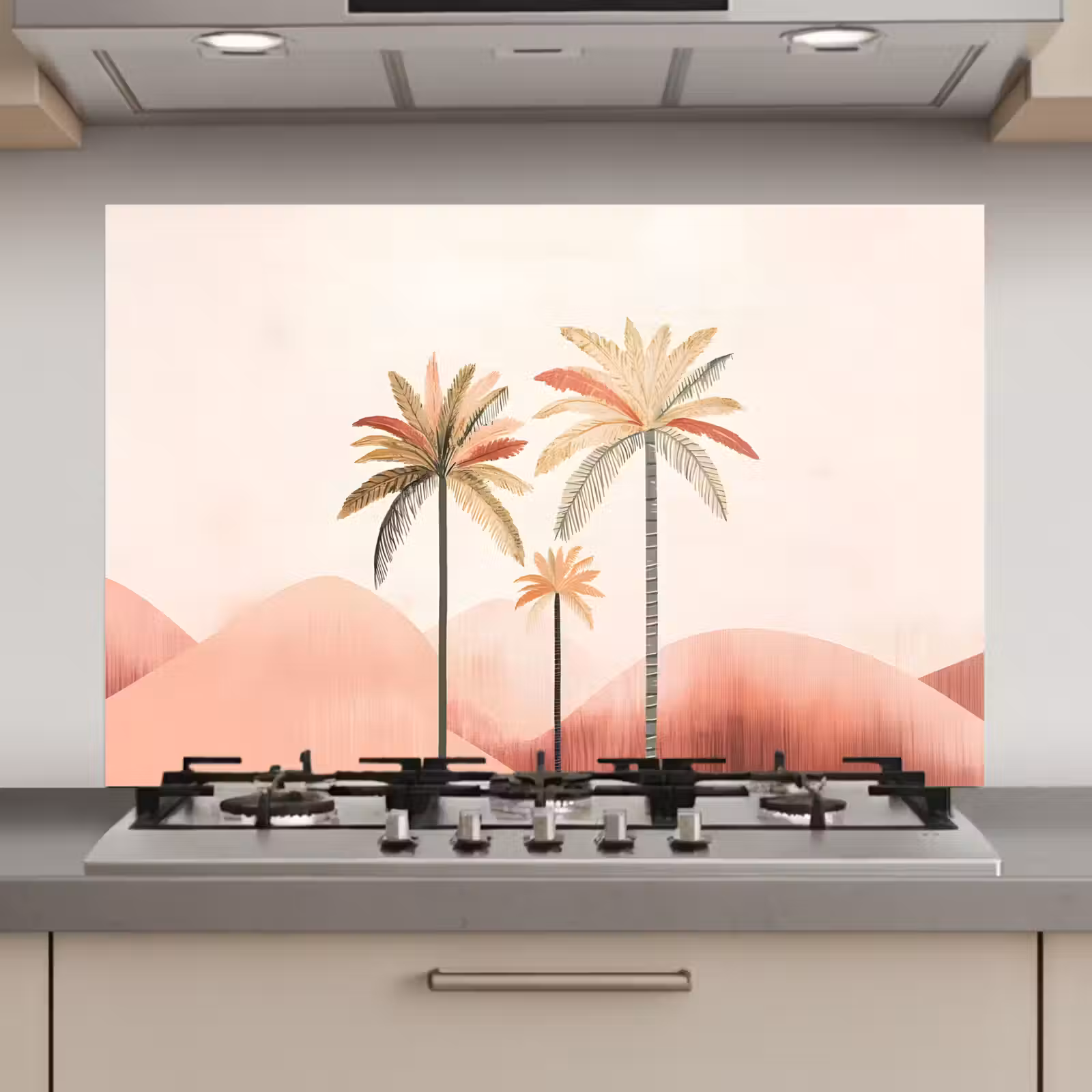 Spatscherm keuken - Palmbomen - Heuvels - Minimalistisch - Zachtroze — 1