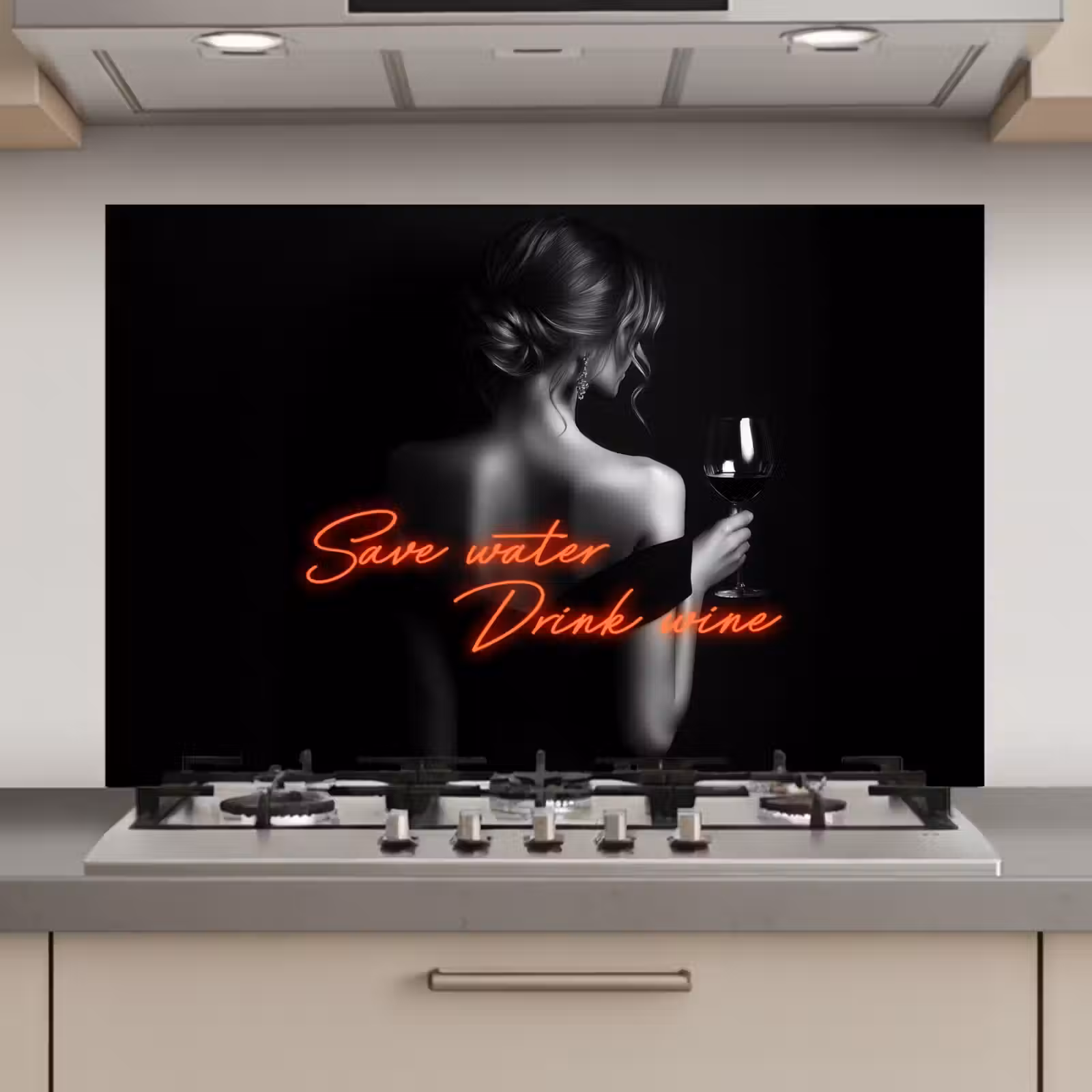 Spatscherm keuken - Wijn - Vrouw - Neon - Quote — 1