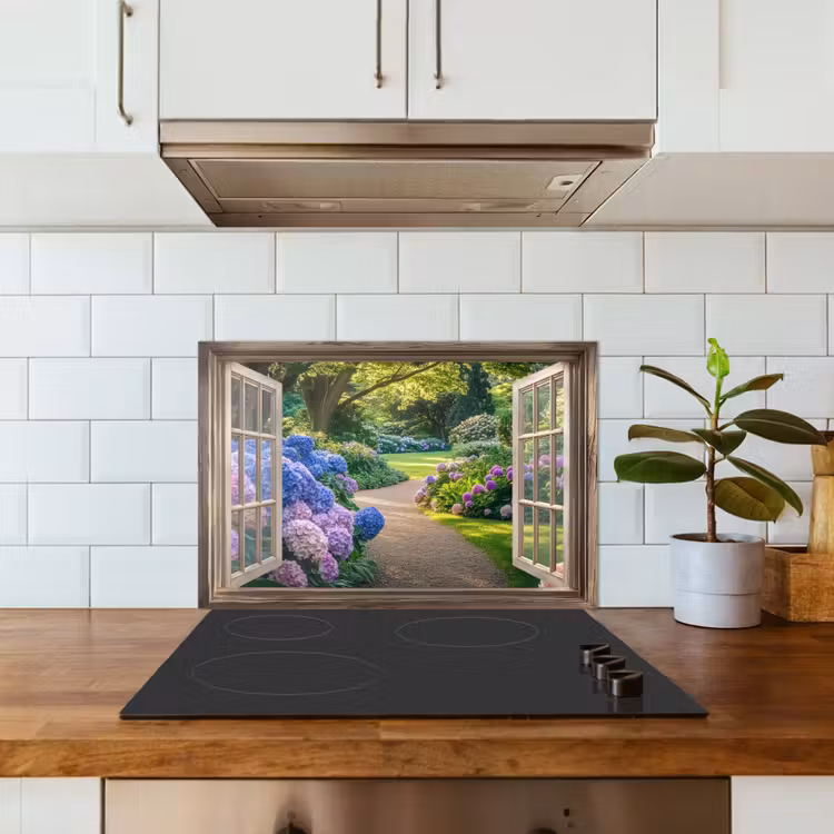 Spatscherm keuken - Doorkijk - Tuin - Raam - Hortensia - Bloemen — 6