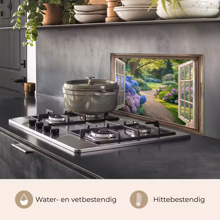 Spatscherm keuken - Doorkijk - Tuin - Raam - Hortensia - Bloemen — 7