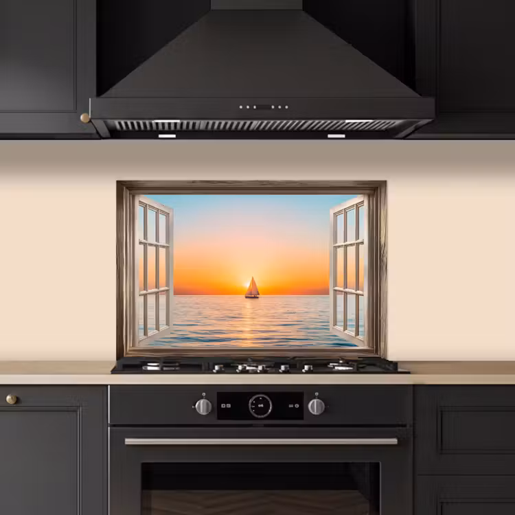 Spatscherm keuken - Doorkijk - Zee - Boot - Zonsondergang — 2