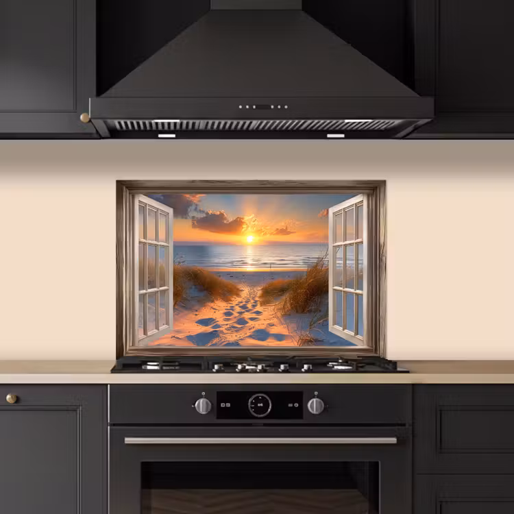 Spatscherm keuken - Doorkijk - Strand - Duinen - Zonsondergang — 2