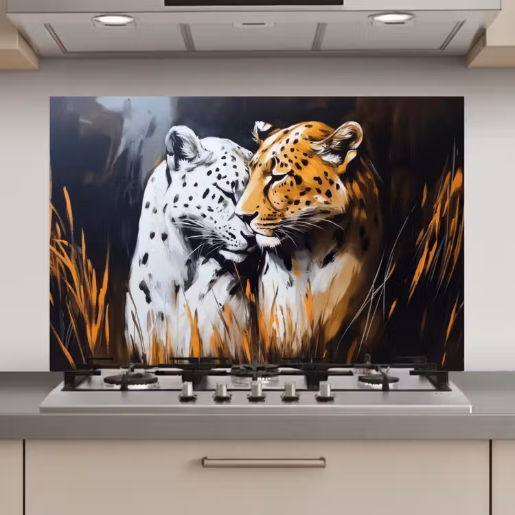 Spatscherm keuken - Luipaard - Oranje - Wit - Gras — 1
