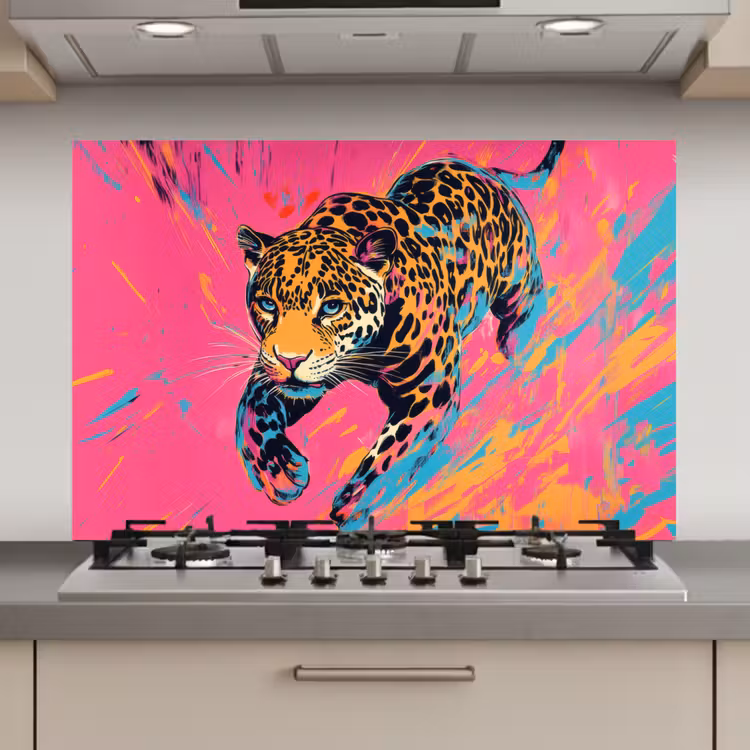 Spatscherm keuken - Luipaard - Roze - Oranje - Blauw - Verf — 1
