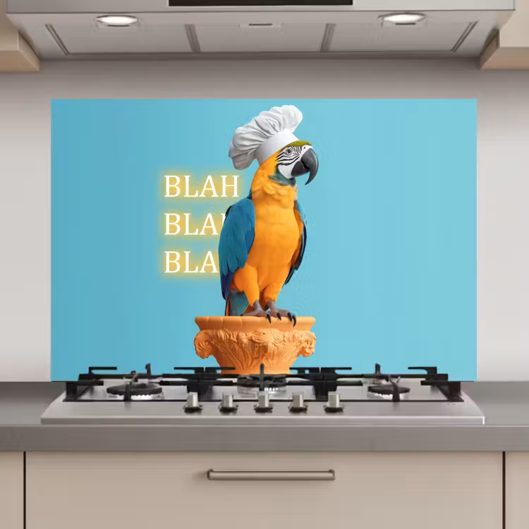 Spatscherm keuken - Papegaai - Koksmuts - Quote - Neon — 1