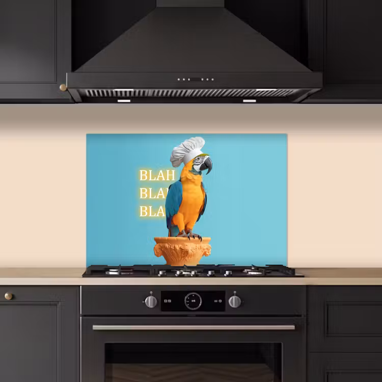 Spatscherm keuken - Papegaai - Koksmuts - Quote - Neon — 2