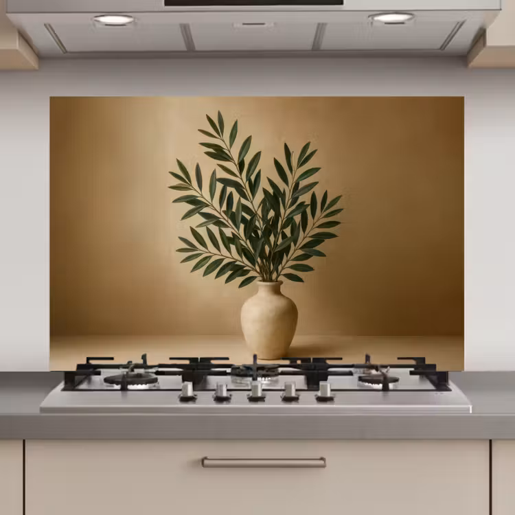 Spatscherm keuken - Vaas - Olijftakken - Bladeren - Beige — 1