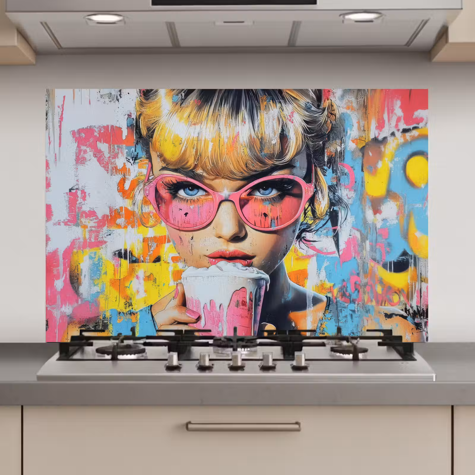 Spatscherm keuken - Expressief - Milkshake - Vrouw - Felle kleuren — 1