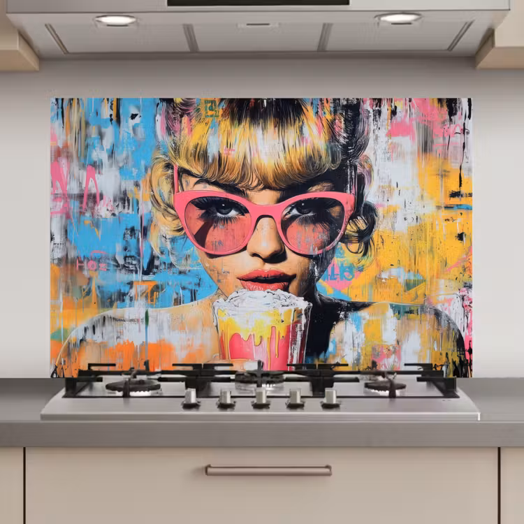 Spatscherm keuken - Zonnebril - Vrouw - Kleurrijk - Verfspetters — 1