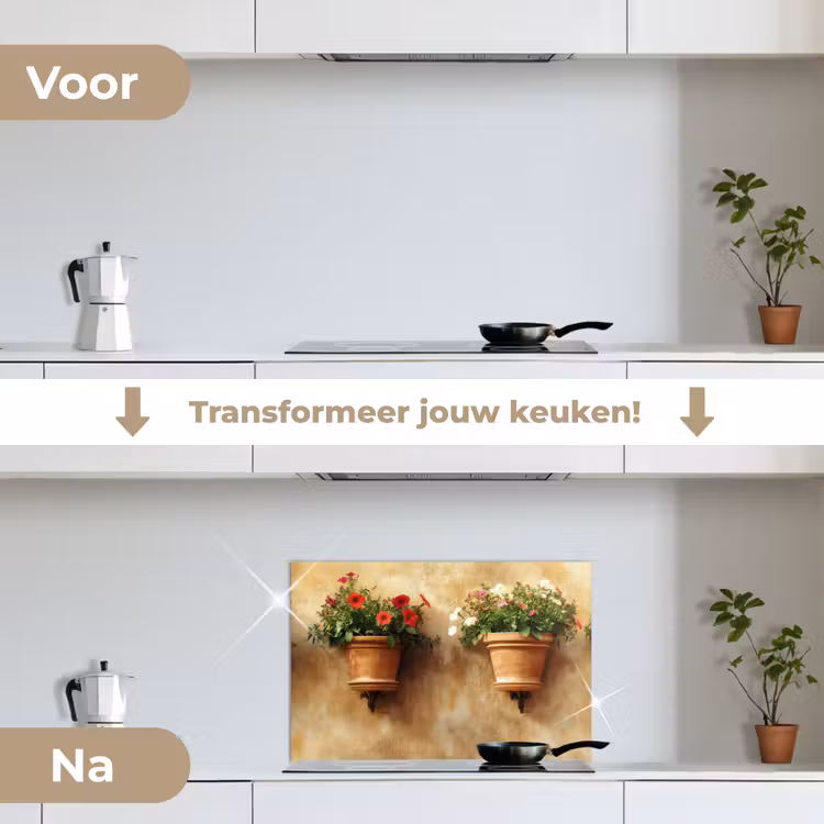 Spatscherm keuken - Bloempotten - Muur - Vintage — 2