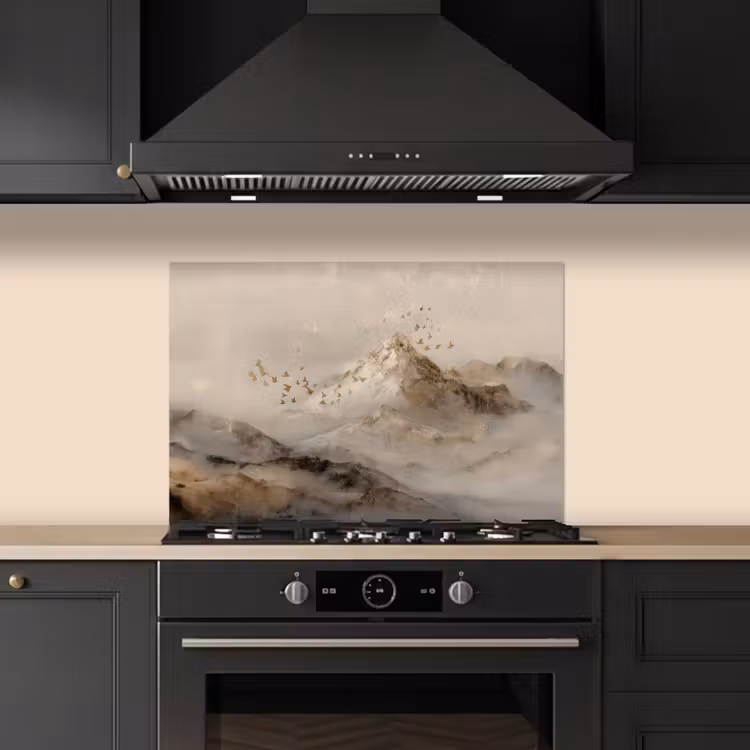 Spatscherm keuken - Berglandschap - Mist - Penseelstreken — 2