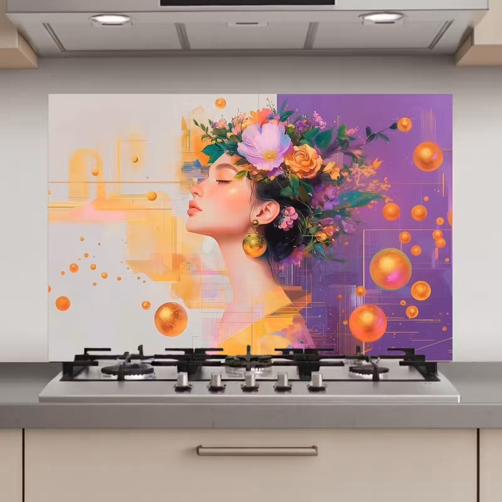 Spatscherm keuken - Abstract - Vrouw - Bloemenkroon - Goud — 1