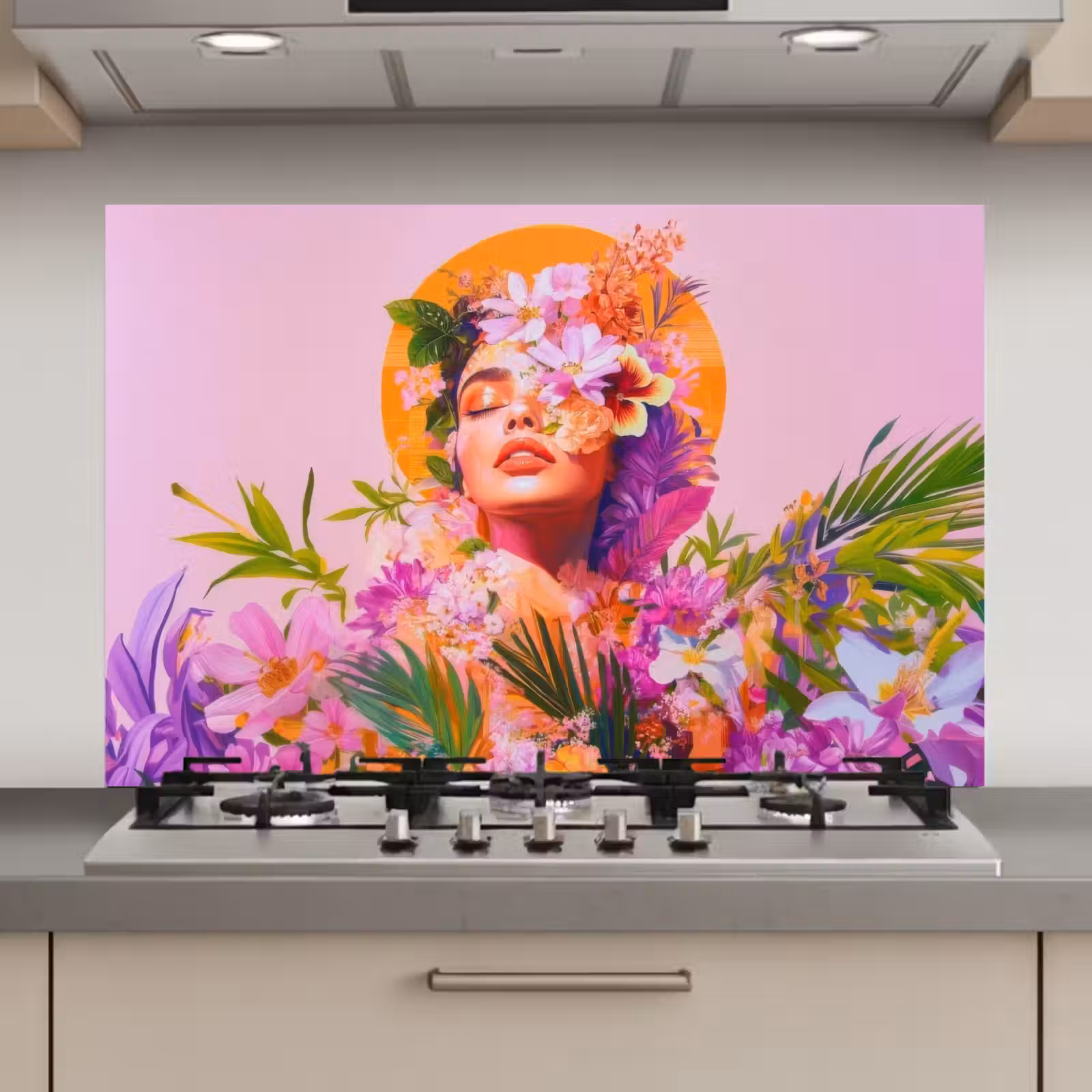 Spatscherm keuken - Vrouw - Abstract - Cirkel - Bloemen — 1