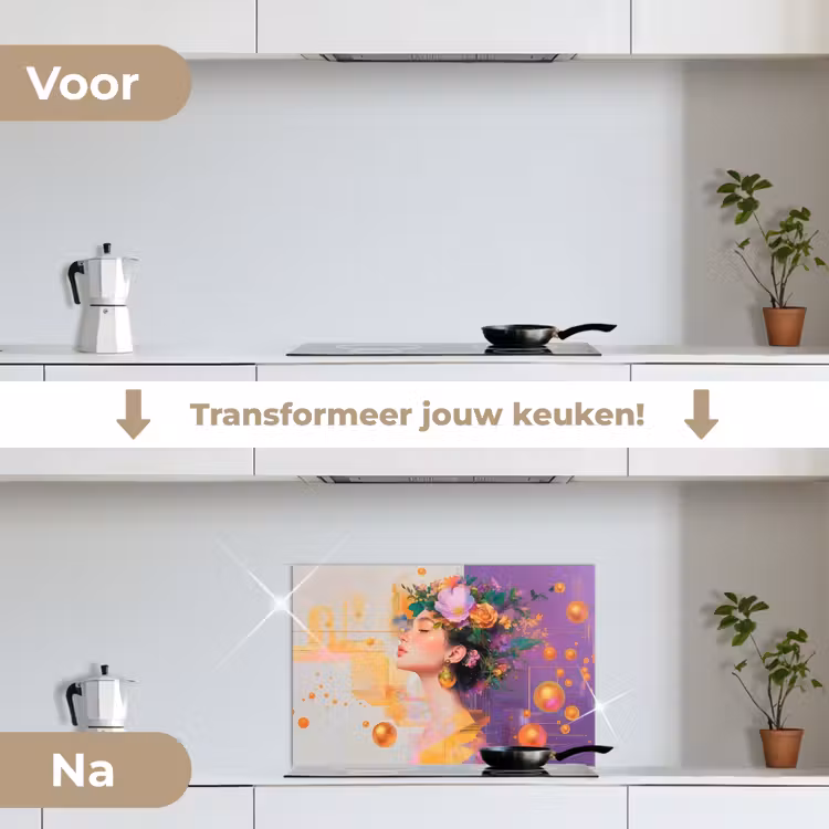Spatscherm keuken - Abstract - Vrouw - Bloemenkroon - Goud — 3