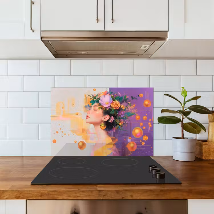 Spatscherm keuken - Abstract - Vrouw - Bloemenkroon - Goud — 6