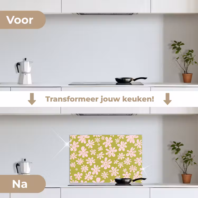 Spatscherm keuken - Bloemen - Roze - Getekend - Patroon — 3