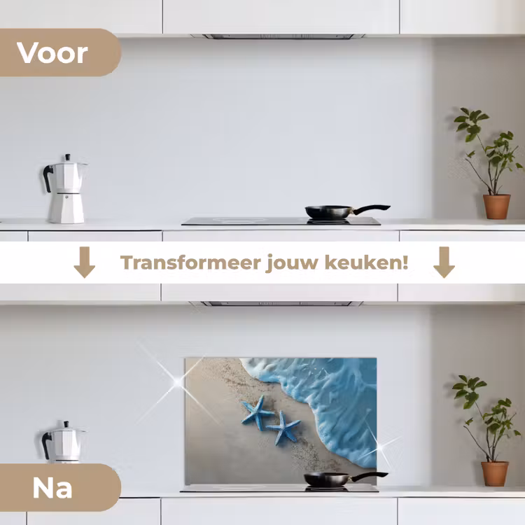 Spatscherm keuken - Zeesterren - Zand - Zee - Blauw — 3