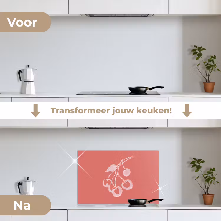 Spatscherm keuken - Lijnillustratie - Kersen - Tak - Wit — 3