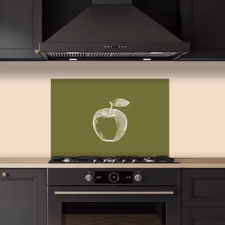 Spatscherm keuken - Lijntekening - Appel - Olijfgroen - Blaadje — 2