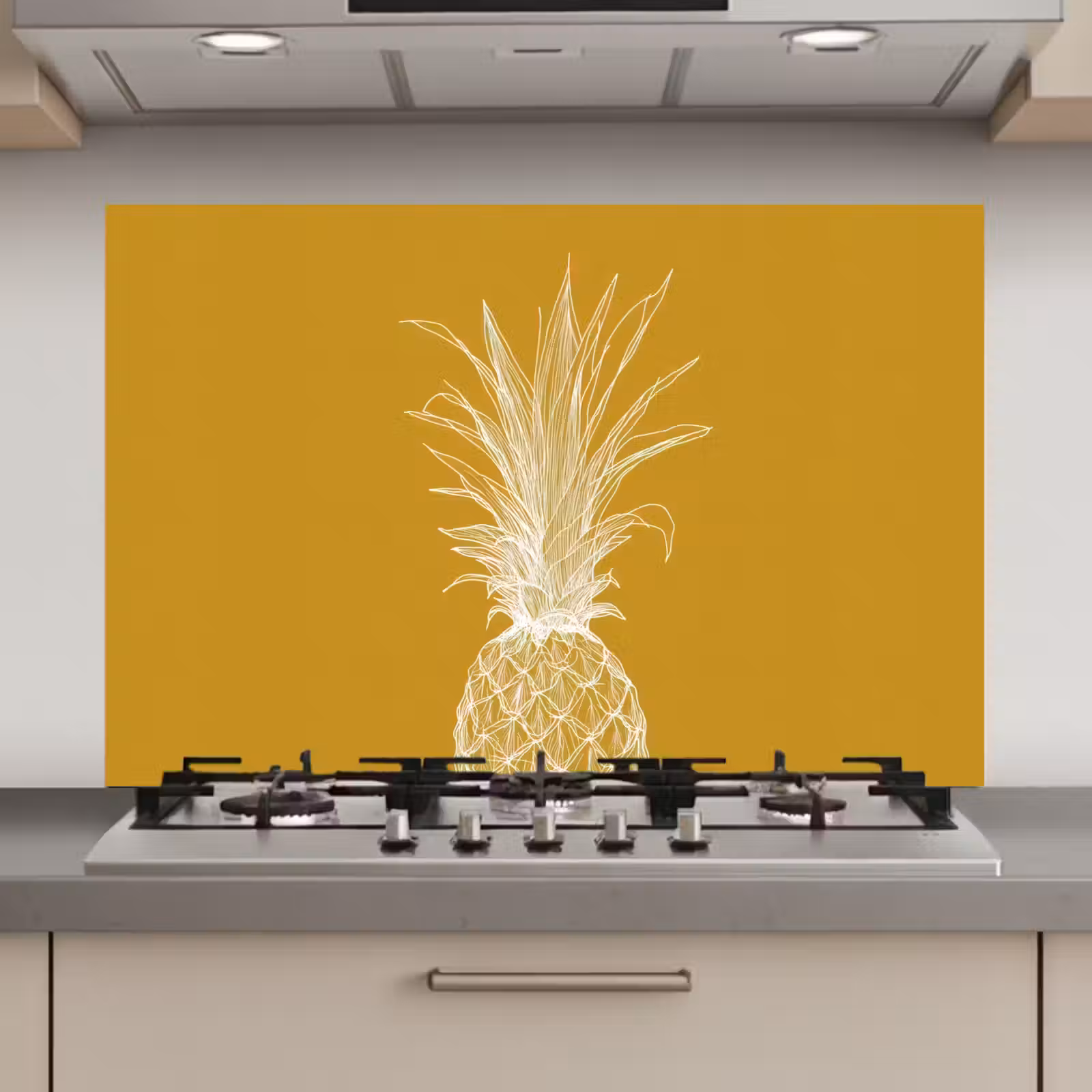 Spatscherm keuken - Lijnillustratie - Ananas - Bladkroon - Okergeel — 1