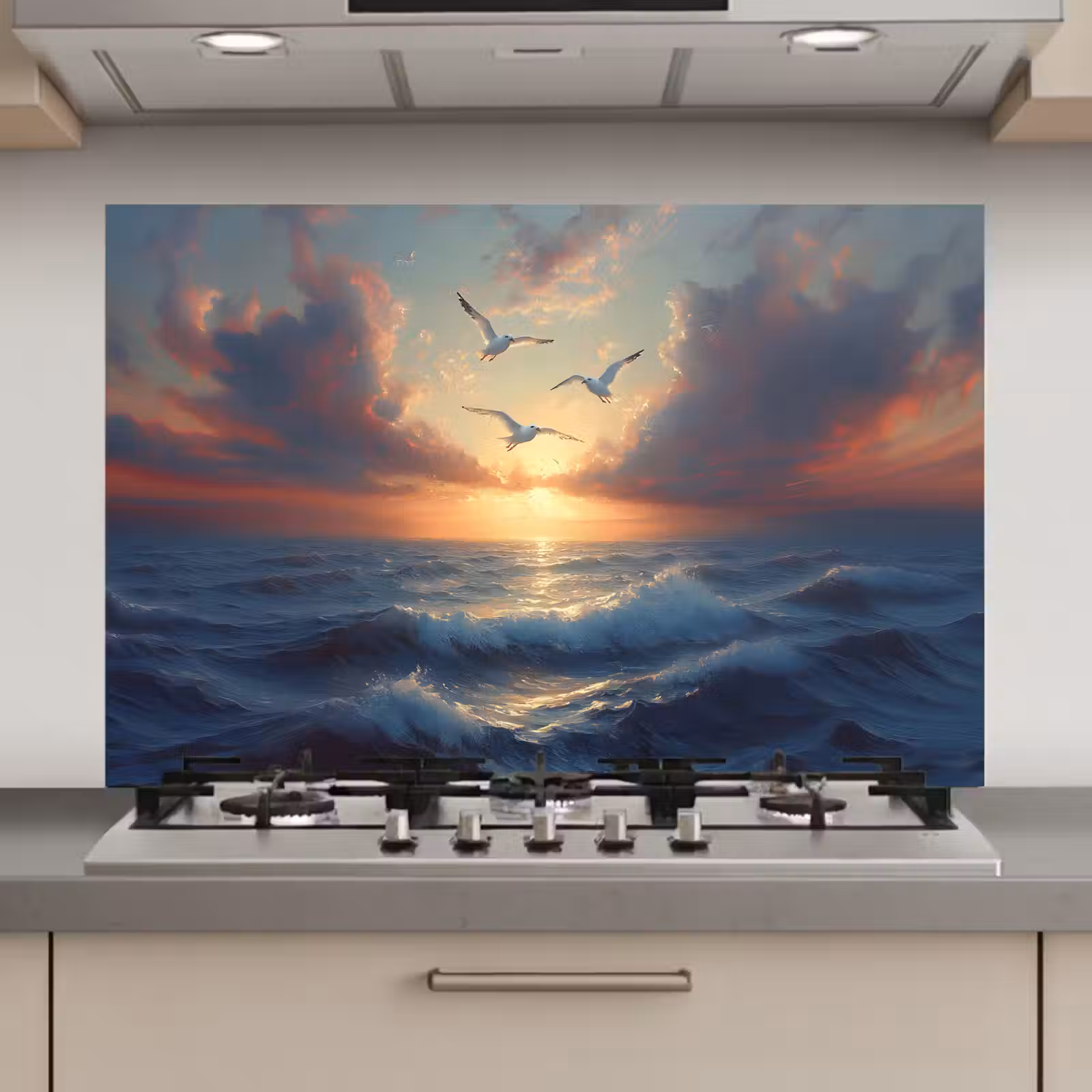 Spatscherm keuken - Meeuwen - Zonsondergang - Zee - Wolken — 1