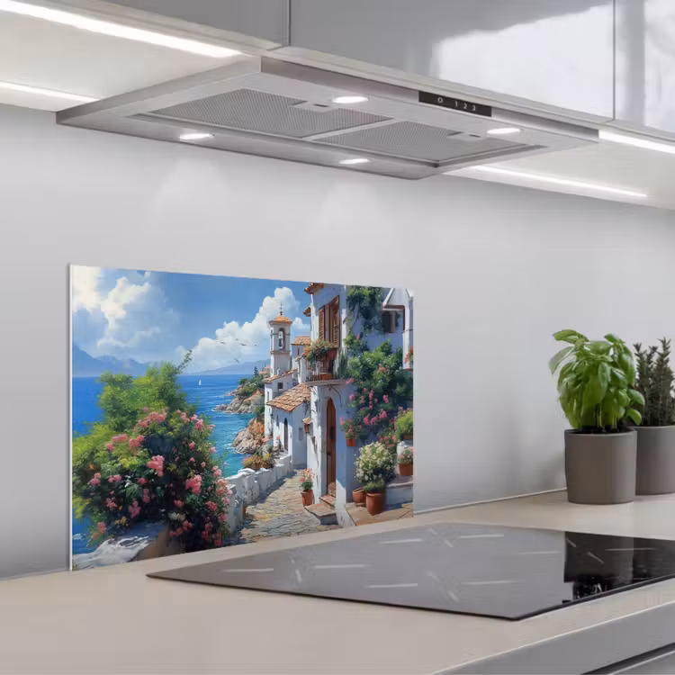 Spatscherm keuken - Huizen - Zee - Bomen - Bloemen — 5