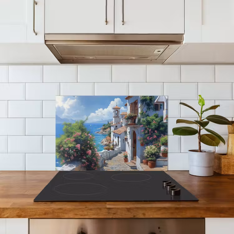 Spatscherm keuken - Huizen - Zee - Bomen - Bloemen — 6