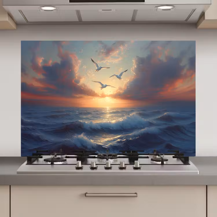Spatscherm keuken - Meeuwen - Zonsondergang - Zee - Wolken — 1