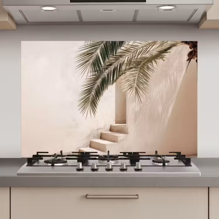Spatscherm keuken - Palmboom - Schaduw - Trap - Beige — 1