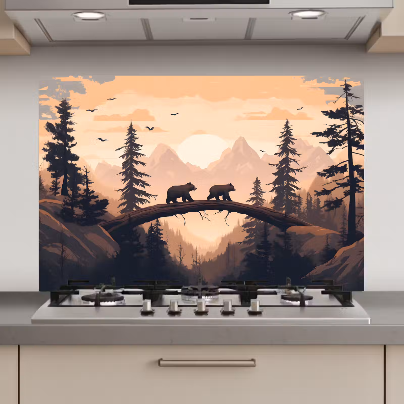 Spatscherm keuken - Beren - Bomen - Landschap - Zonsondergang — 1