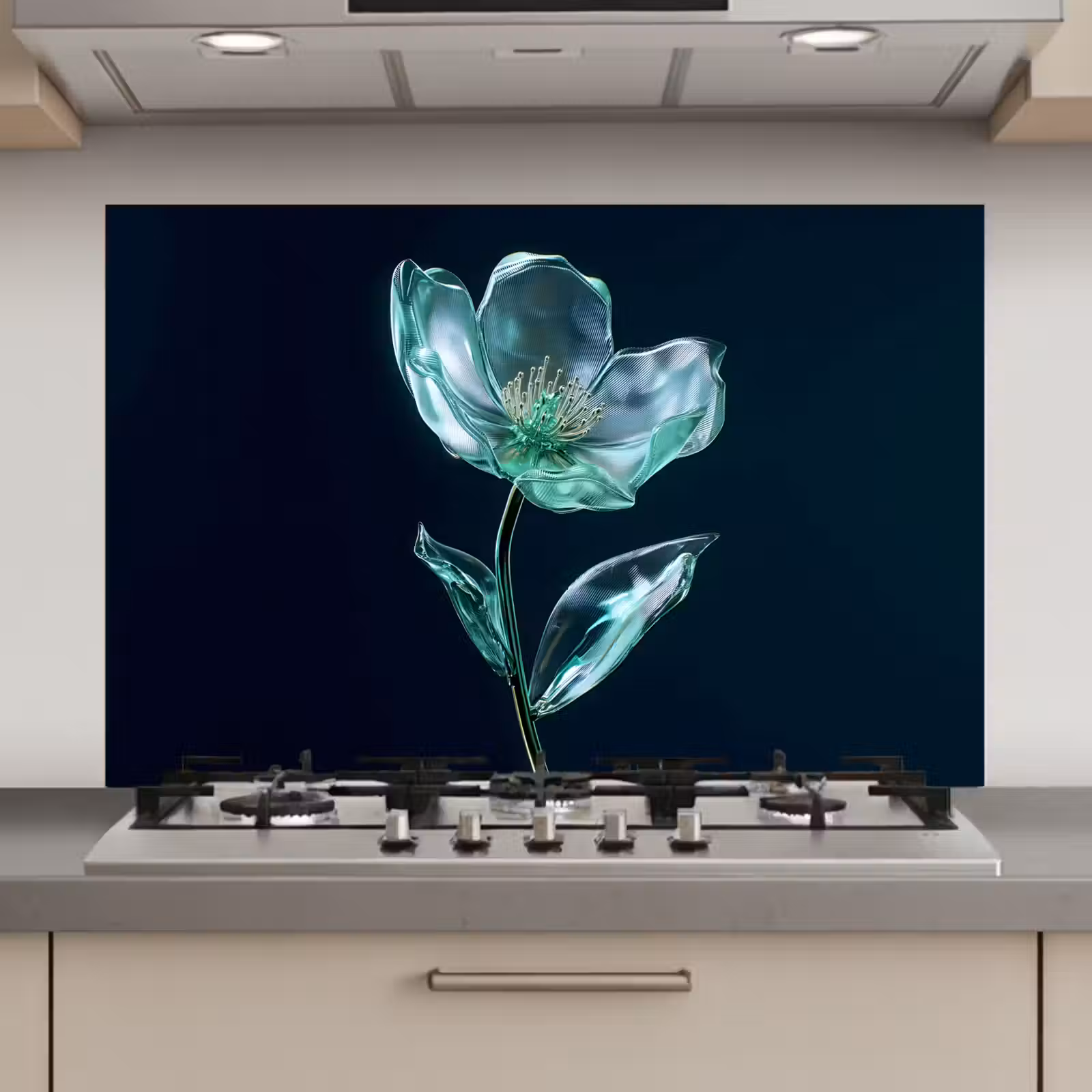 Spatscherm keuken - Bladeren - Bloem - Glazen - Donkerblauw — 1