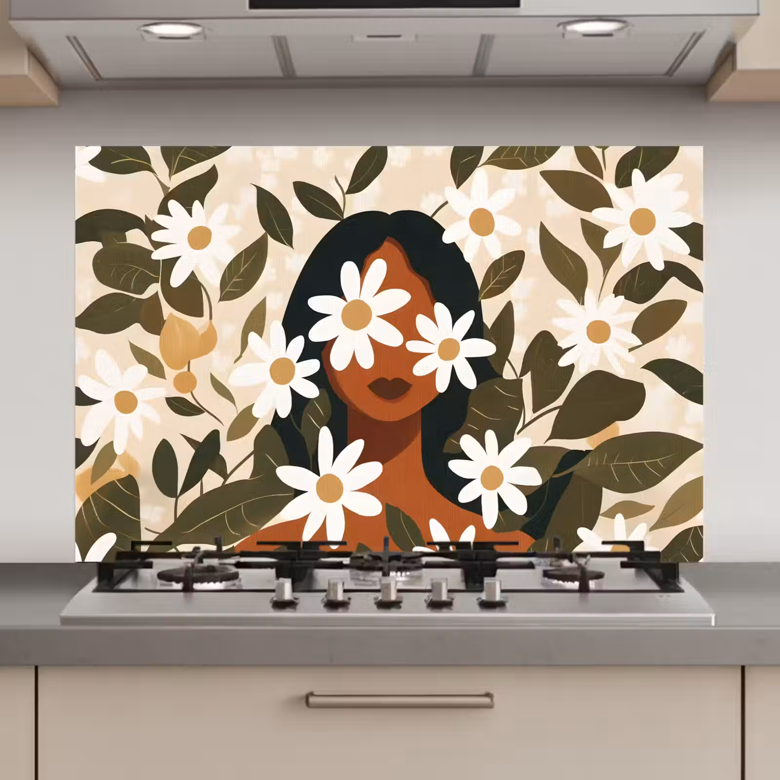 Spatscherm keuken - Illustratie - Vrouw - Madeliefjes - Wit — 1