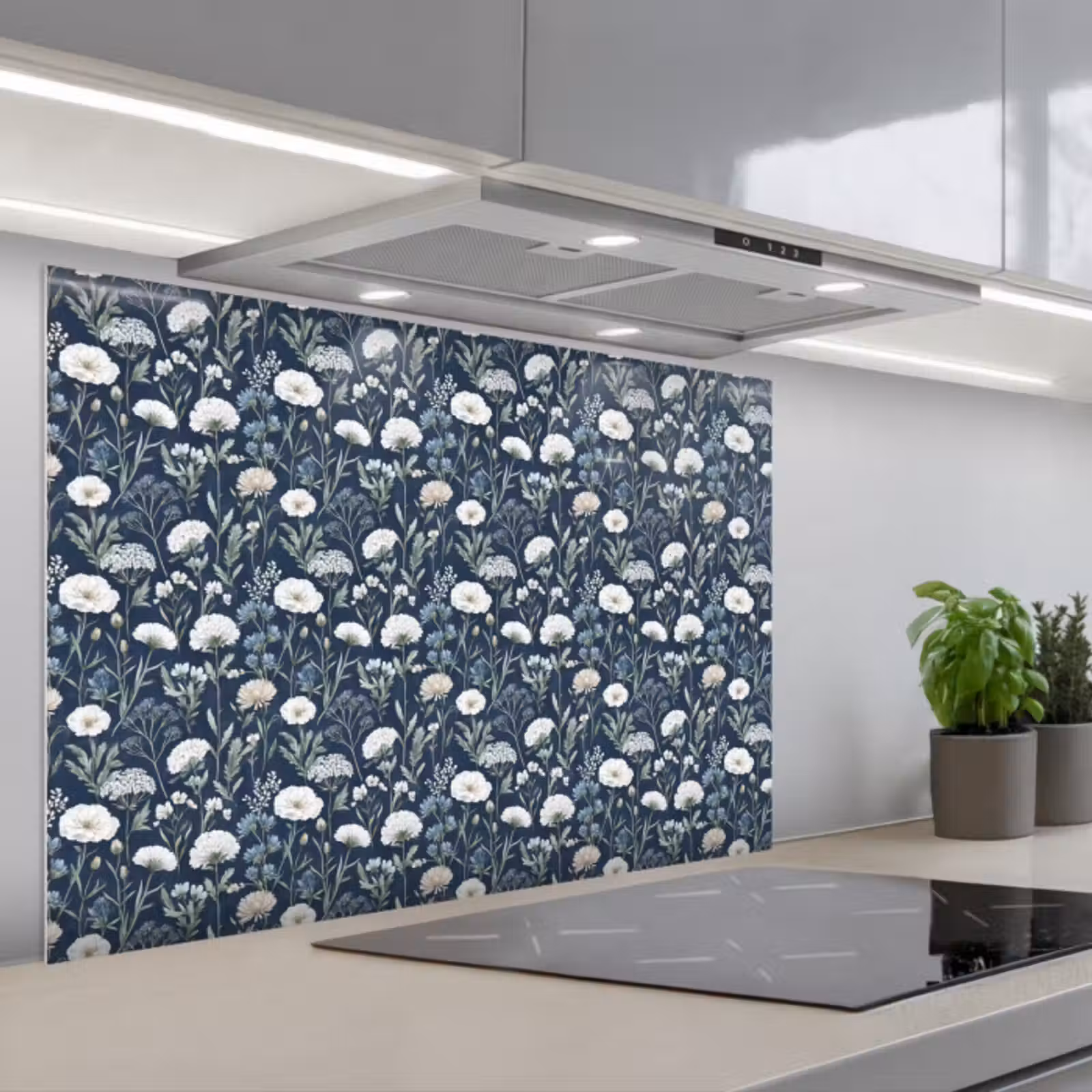 Spatscherm keuken - Patroon - Bloemen - Wit - Blauw — 1
